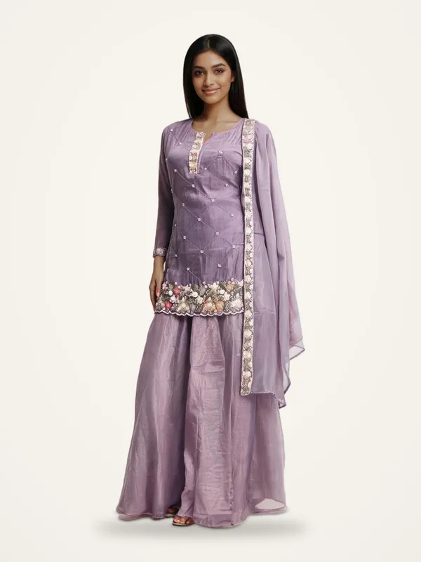 Kurti_Sharara_Set_for_Women_-_Lavender_Fendi_Silk_Short_Kurti_|_Festive_Wear