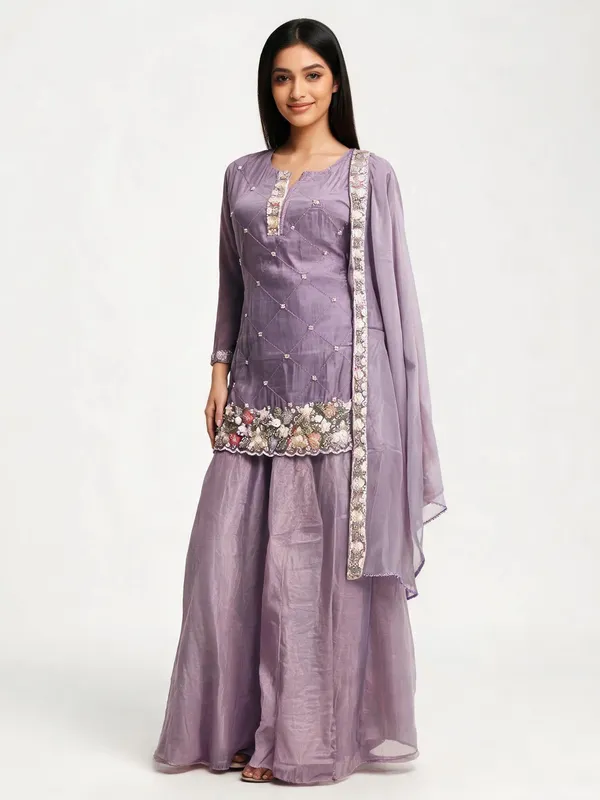 Kurti_Sharara_Set_for_Women_-_Lavender_Fendi_Silk_Short_Kurti_|_Festive_Wear