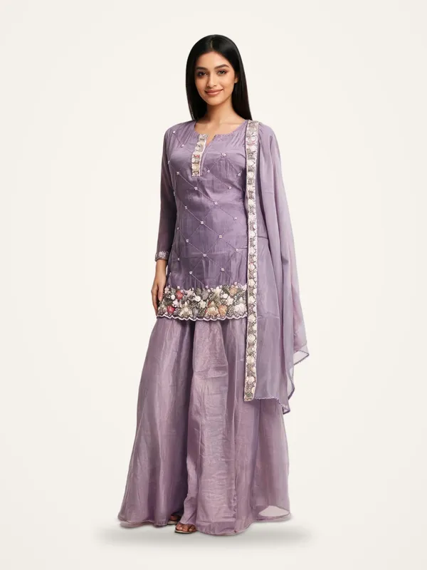 Kurti_Sharara_Set_for_Women_-_Lavender_Fendi_Silk_Short_Kurti_|_Festive_Wear