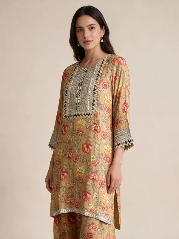 Kurti_with_Dhoti_Pants_for_Women_-_Mustard_Muslin_Floral_Print_|_Daily_Wear
