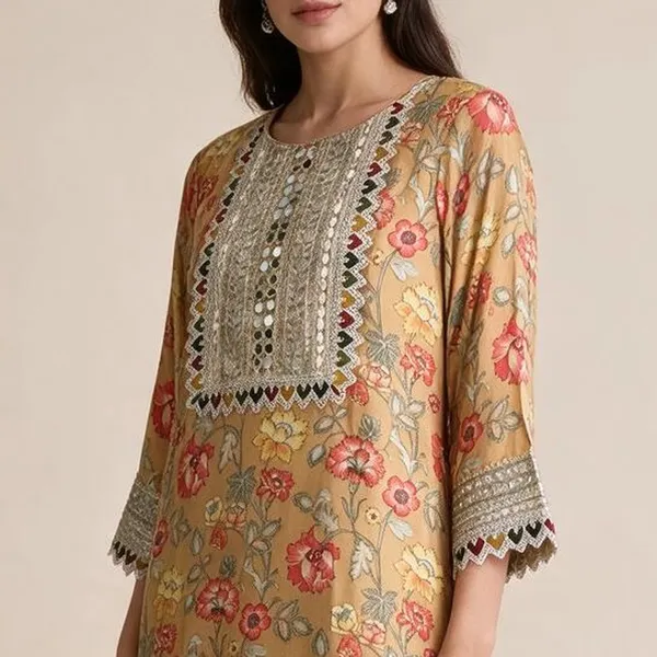 Kurti_with_Dhoti_Pants_for_Women_-_Mustard_Muslin_Floral_Print_|_Daily_Wear