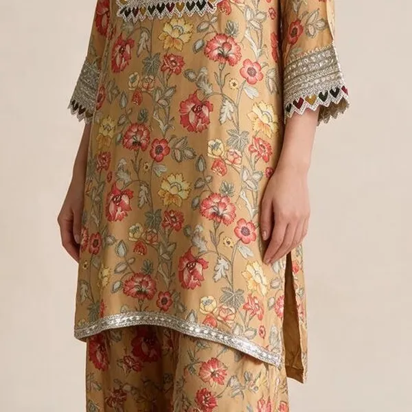 Kurti_with_Dhoti_Pants_for_Women_-_Mustard_Muslin_Floral_Print_|_Daily_Wear