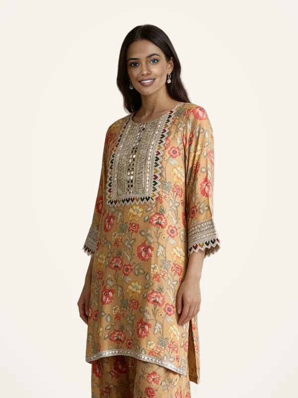 Kurti_with_Dhoti_Pants_for_Women_-_Mustard_Muslin_Floral_Print_|_Daily_Wear