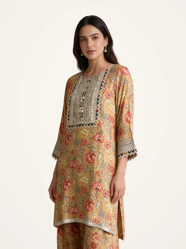 Kurti_with_Dhoti_Pants_for_Women_-_Mustard_Muslin_Floral_Print_|_Daily_Wear