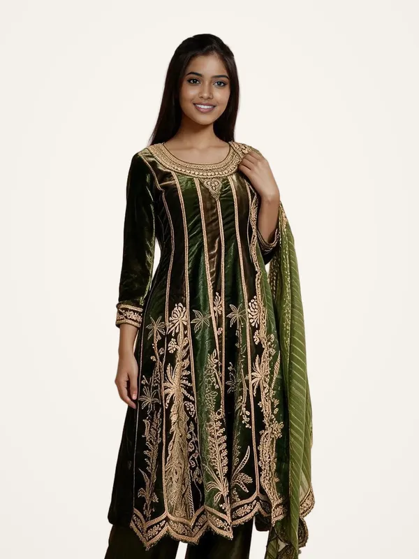 Anarkali_Suit_Set_for_Women_-_Olive_Green_Velvet_Embroidered_|_Wedding_Wear