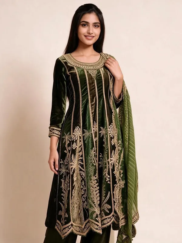 Anarkali_Suit_Set_for_Women_-_Olive_Green_Velvet_Embroidered_|_Wedding_Wear