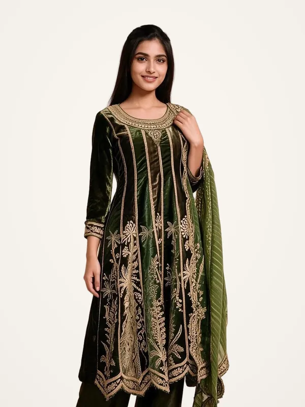 Anarkali_Suit_Set_for_Women_-_Olive_Green_Velvet_Embroidered_|_Wedding_Wear