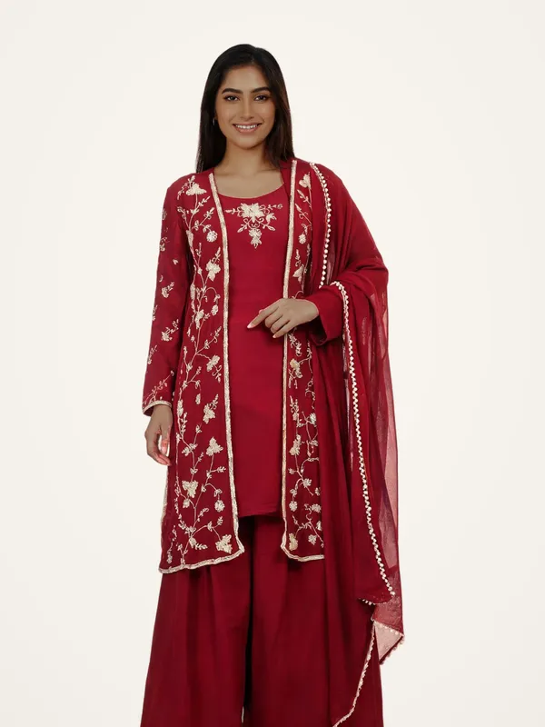 Kurta_Palazzo_Set_with_Shrug_for_Women_-_Maroon_Chinon_Hand_Work_|_Wedding_Wear