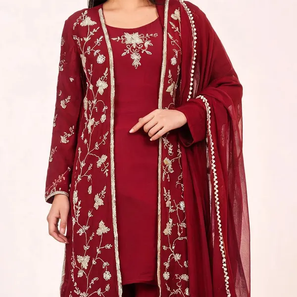 Kurta_Palazzo_Set_with_Shrug_for_Women_-_Maroon_Chinon_Hand_Work_|_Wedding_Wear