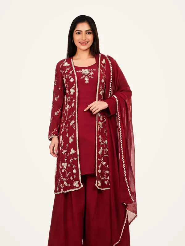 Kurta_Palazzo_Set_with_Shrug_for_Women_-_Maroon_Chinon_Hand_Work_|_Wedding_Wear