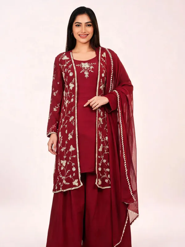 Kurta_Palazzo_Set_with_Shrug_for_Women_-_Maroon_Chinon_Hand_Work_|_Wedding_Wear