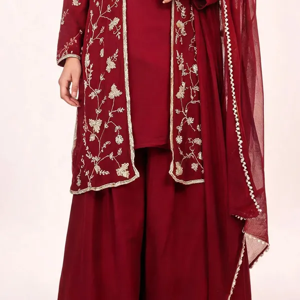 Kurta_Palazzo_Set_with_Shrug_for_Women_-_Maroon_Chinon_Hand_Work_|_Wedding_Wear