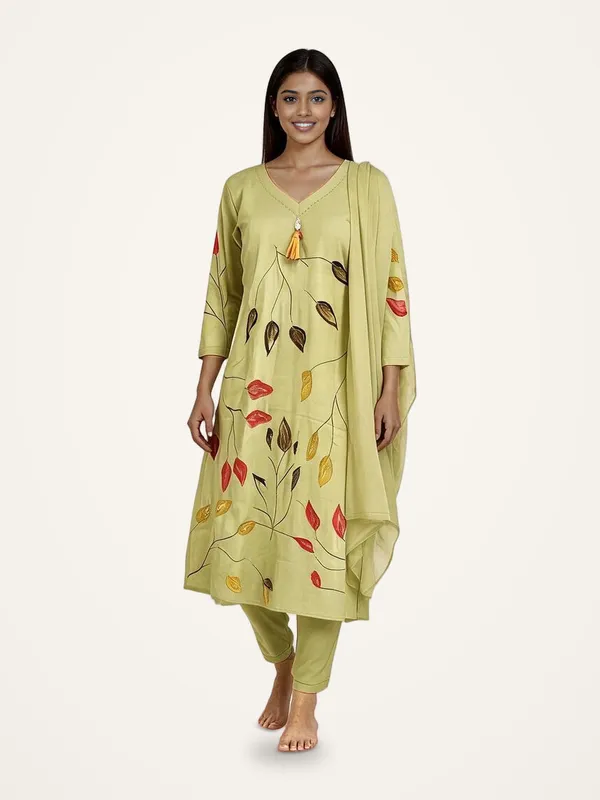 A-Line_Suit_Set_for_Women_-_Parrot_Green_Cotton_Hand_Painted_|_Daily_Wear