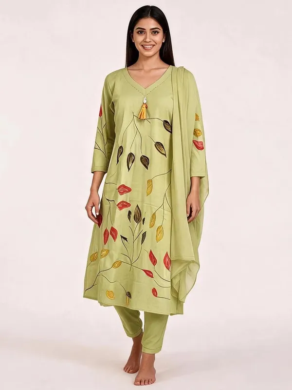 A-Line_Suit_Set_for_Women_-_Parrot_Green_Cotton_Hand_Painted_|_Daily_Wear