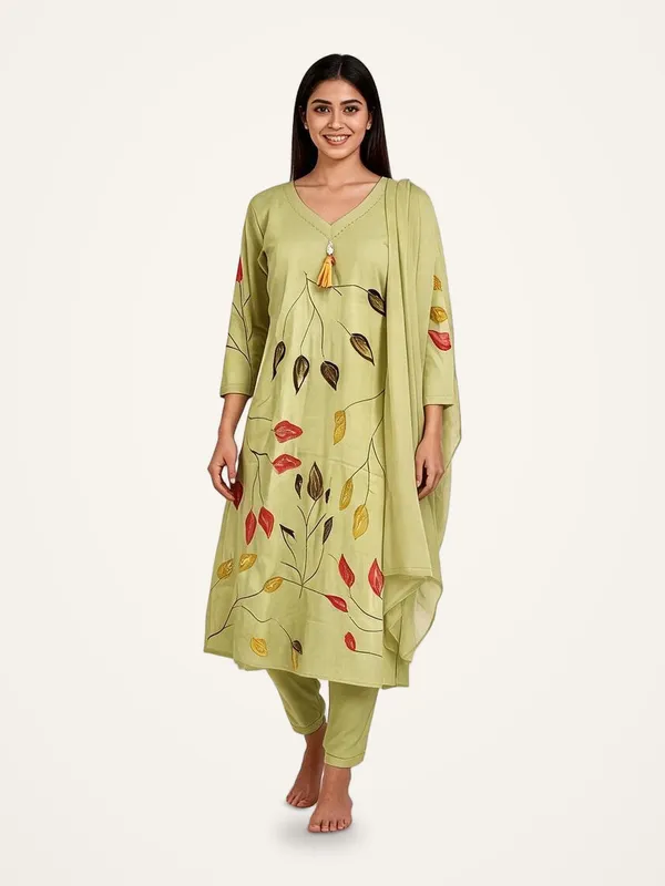 A-Line_Suit_Set_for_Women_-_Parrot_Green_Cotton_Hand_Painted_|_Daily_Wear