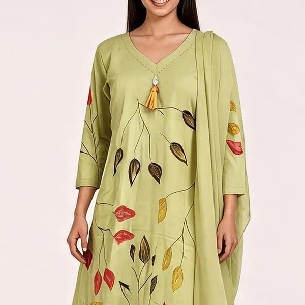 A-Line_Suit_Set_for_Women_-_Parrot_Green_Cotton_Hand_Painted_|_Daily_Wear