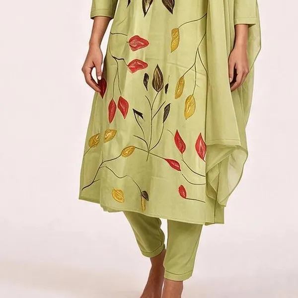 A-Line_Suit_Set_for_Women_-_Parrot_Green_Cotton_Hand_Painted_|_Daily_Wear