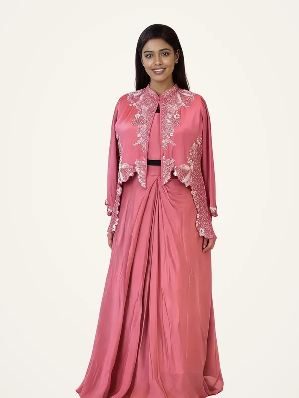 Jacket_Skirt_Set_for_Women_-_Pink_Chinon_Heavy_Designer_Jacket,_Draped_Skirt_|_Party_Wear
