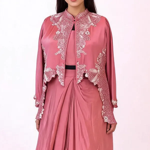 Jacket_Skirt_Set_for_Women_-_Pink_Chinon_Heavy_Designer_Jacket,_Draped_Skirt_|_Party_Wear