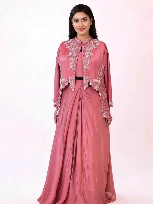 Jacket_Skirt_Set_for_Women_-_Pink_Chinon_Heavy_Designer_Jacket,_Draped_Skirt_|_Party_Wear