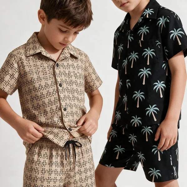 FINEWAVE_Boys_Casual_Shirt_Shorts_Black_And_Beige