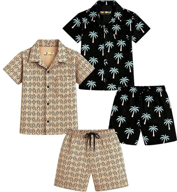 FINEWAVE_Boys_Casual_Shirt_Shorts_Black_And_Beige