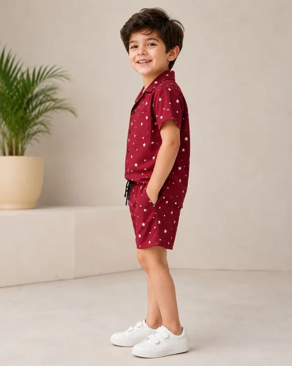 FitWave_Boys_Casual_Shirt_Shorts_Berry_Red