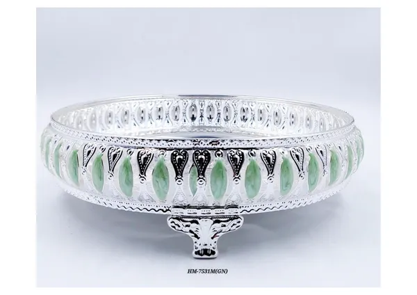 Metal_Ornate_Embellished_Pedestal_Decorative_Bowl_Silver