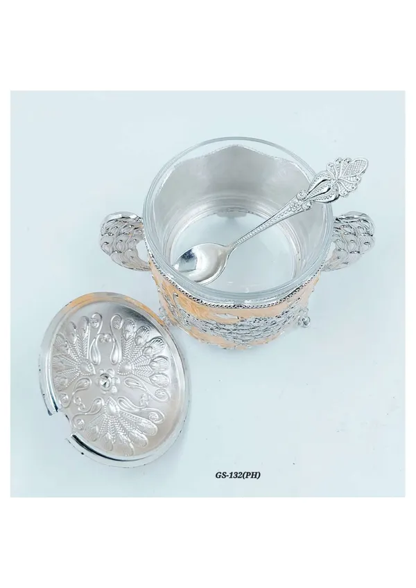 Metal_Ornate_Floral_Pattern_Sugar_Bowl_With_Spoon