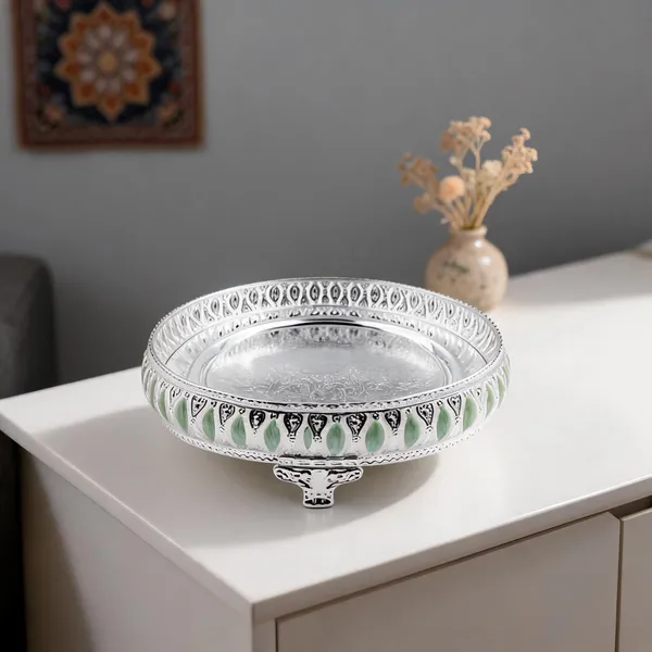 Metal_Ornate_Embellished_Pedestal_Decorative_Bowl_Silver