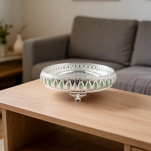 Metal_Ornate_Embellished_Pedestal_Decorative_Bowl_Silver