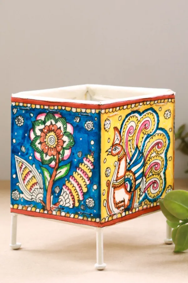 SQUARE_BABY_T-LIGHT_'PEACOCK_FOLIAGE'_Hand-painted_On_Leather