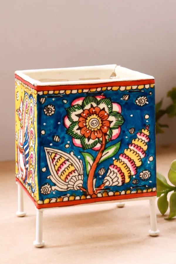 SQUARE_BABY_T-LIGHT_'PEACOCK_FOLIAGE'_Hand-painted_On_Leather