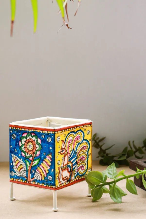 SQUARE_BABY_T-LIGHT_'PEACOCK_FOLIAGE'_Hand-painted_On_Leather