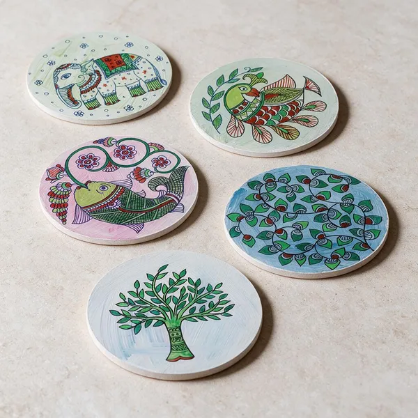 Mdf_Wood_Madhubani_Motif_Hand-Painted_Round_Coaster_Set_Of_5