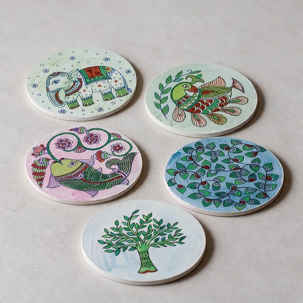 Mdf_Wood_Madhubani_Motif_Hand-Painted_Round_Coaster_Set_Of_5