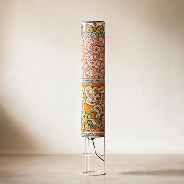 Parchment_Leather_Hand-Painted_Peacock_Blooms_Cylinder_Floor_Lamp