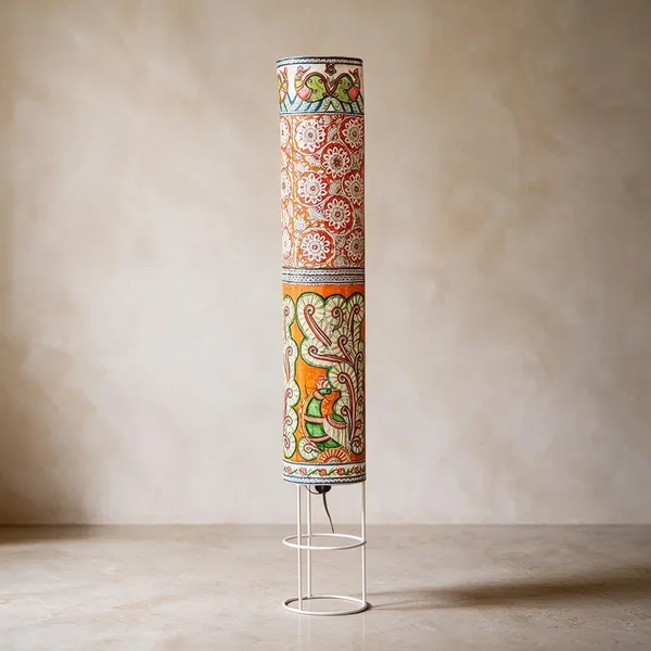 Parchment_Leather_Hand-Painted_Peacock_Blooms_Cylinder_Floor_Lamp