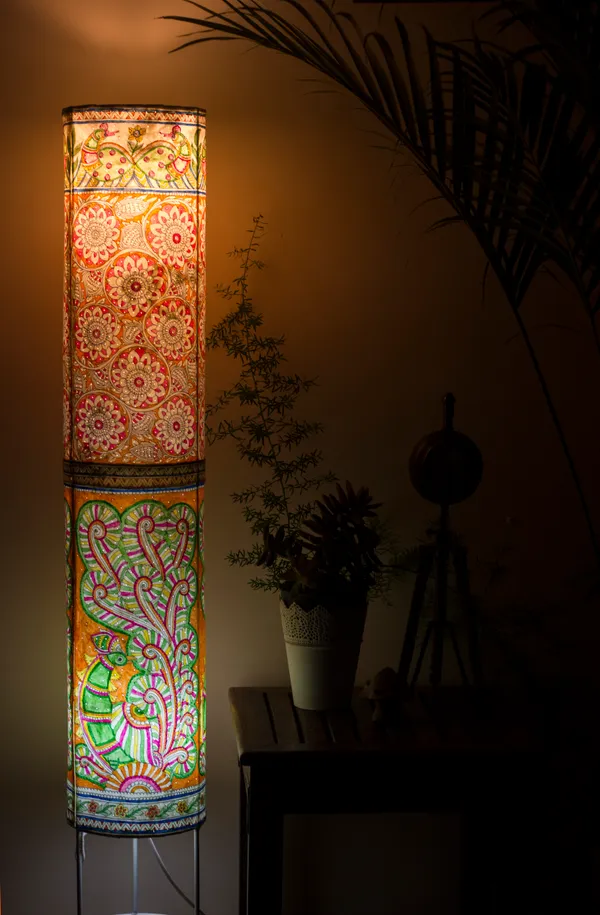 Parchment_Leather_Hand-Painted_Peacock_Blooms_Cylinder_Floor_Lamp