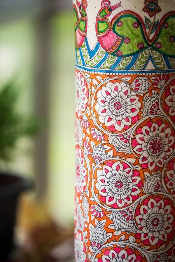 Parchment_Leather_Hand-Painted_Peacock_Blooms_Cylinder_Floor_Lamp