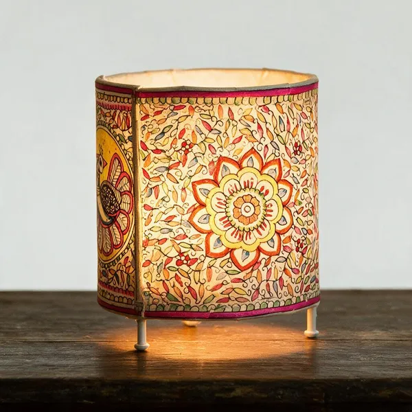 Parchment_Leather_Madhubani_Foliage_Cylinder_Tea_Light_Holder