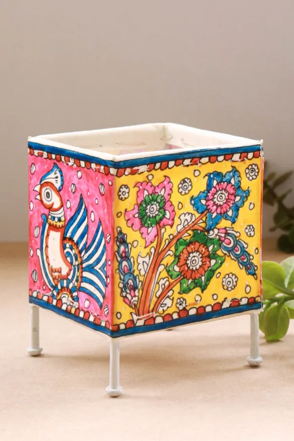 SQUARE_BABY_T-LIGHT_'PEACOCK_FOLIAGE'_Hand-painted_On_Leather