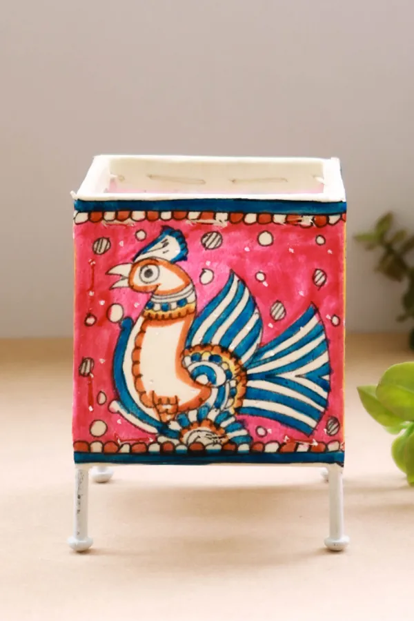 SQUARE_BABY_T-LIGHT_'PEACOCK_FOLIAGE'_Hand-painted_On_Leather