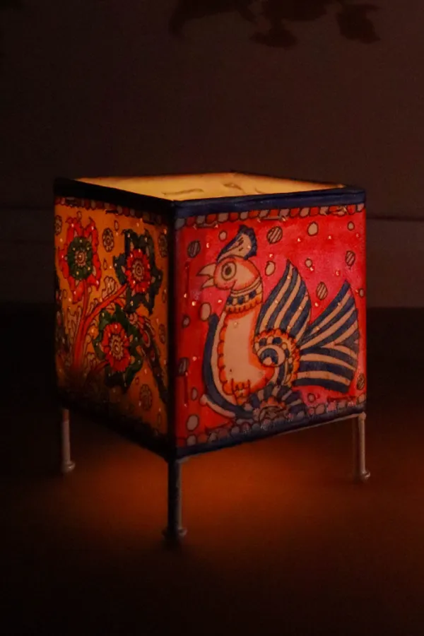 SQUARE_BABY_T-LIGHT_'PEACOCK_FOLIAGE'_Hand-painted_On_Leather