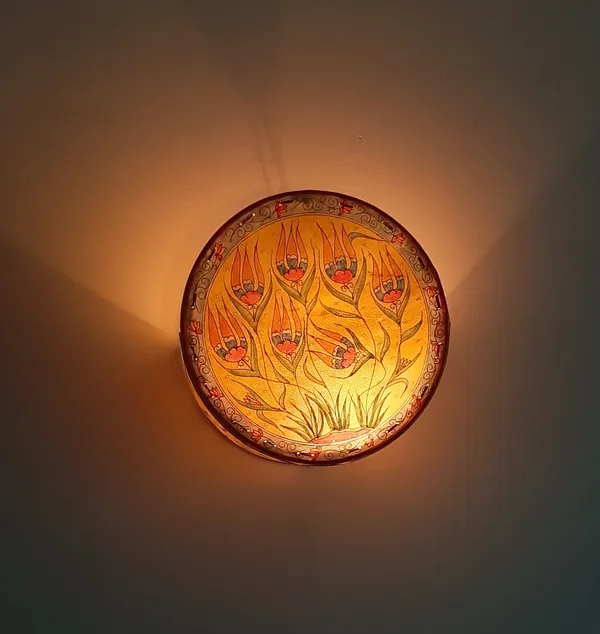 'Lotus_Garden'_Hand-painted_On_Leather_Mini_Drum_Wall_Lamp