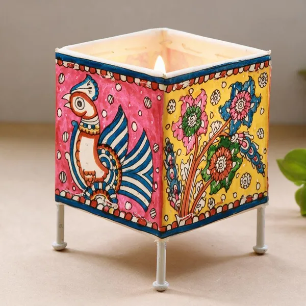 Parchment_Leather_Handpainted_Peacock_Foliage_Square_Tea_Light_Holder