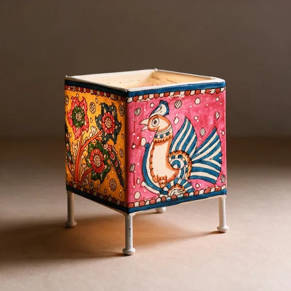 Parchment_Leather_Handpainted_Peacock_Foliage_Square_Tea_Light_Holder