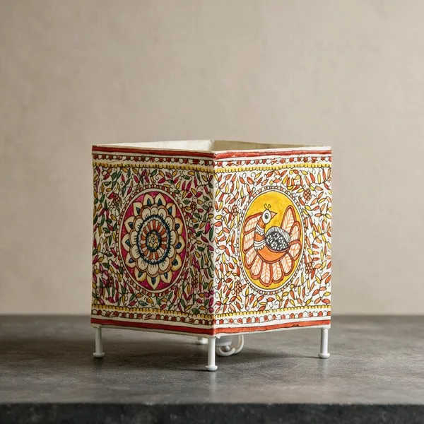 Parchment_Leather_Madhubani_Foliage_Square_Tea_Light_Holder