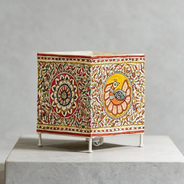Parchment_Leather_Madhubani_Foliage_Square_Tea_Light_Holder