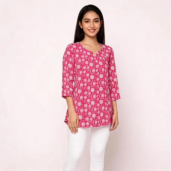 Pink_Cotton_Flared_Floral_Print_Kurta_For_Women